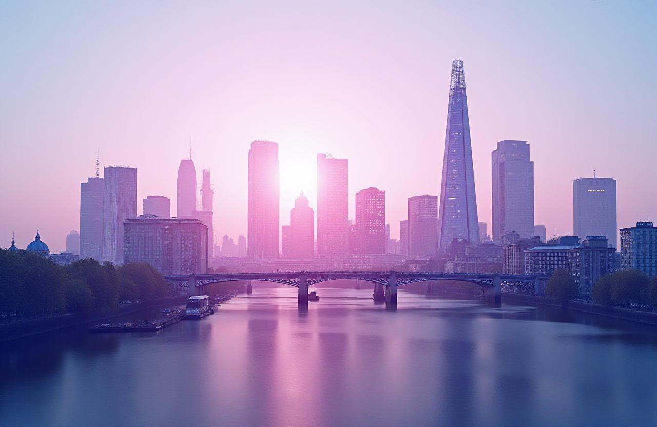 Abstract meteorological patterns overlaying a modern UK corporate building