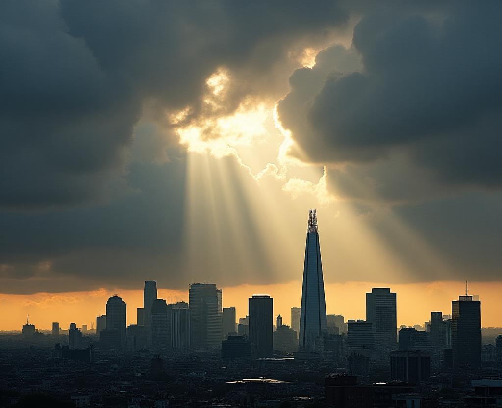 A dramatic view of cloud formations over the London skyline, symbolizing atmospheric control